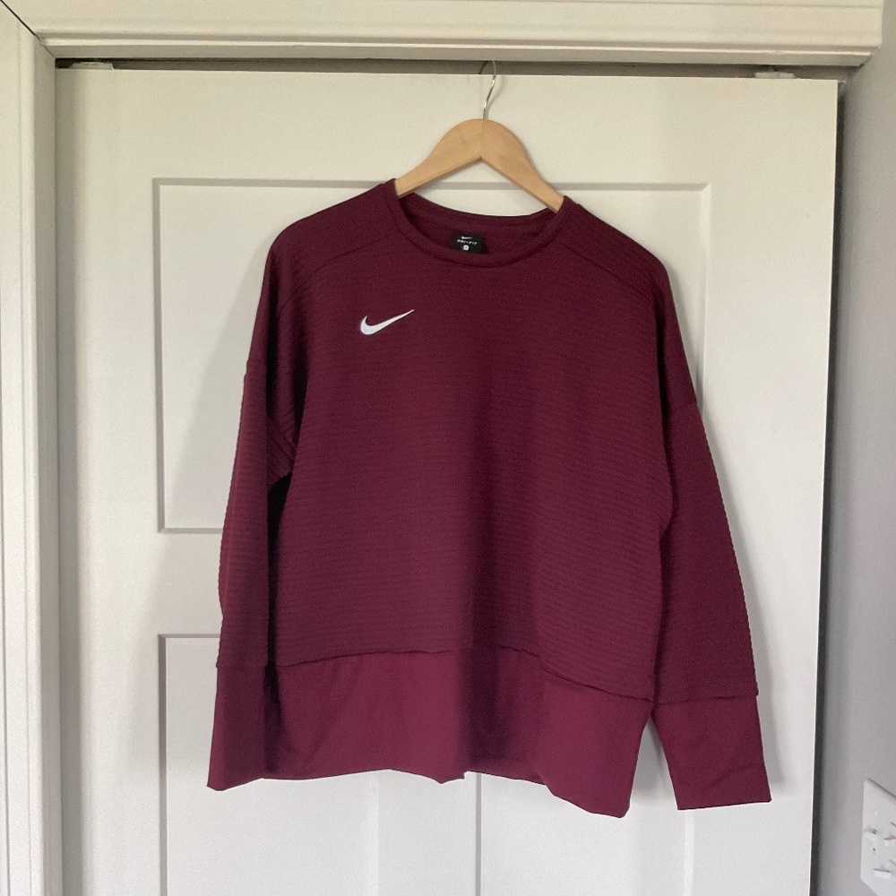 NIKE DRI FIT Burgundy Crewneck Wide Ribbed Oversized Pullover Sweatshirt